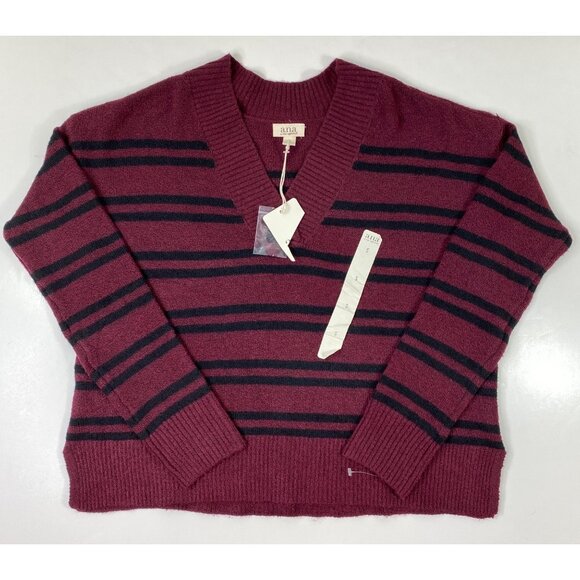 Ana A New Approach Womens Burgundy Red Black Striped V-Neck Sweater Size Small - Picture 1 of 4